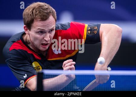 Munich, Allemagne. 19th août 2022. Championnats d'Europe, Championnat d'Europe, tennis de table, célibataires, hommes, Tour de 16 Rudi-Sedlmayer-Halle. Benedikt Duda jouera contre Qiu (les deux Allemagne). Credit: Marius Becker/dpa/Alay Live News Banque D'Images