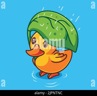 mignon bébé canard prendre une feuille comme parapluie, isolé dessin animé animal nature illustration. Autocollant style plat Icon Design Premium logo Vector. Mascotte CHARAC Illustration de Vecteur