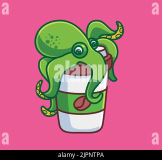 joli pieuvre au-dessus du verre de papier de café. illustration de la nature de l'animal de dessin animé isolé. Autocollant style plat Icon Design Premium logo Vector. Mascotte Char Illustration de Vecteur