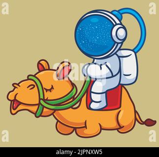 un petit astronaute à dos de chameau. illustration d'un animal de dessin animé isolé. Autocollant style plat Icon Design Premium logo Vector. Personnage de mascotte Illustration de Vecteur