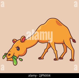 adorable chameau mangeant de l'herbe sur la fround. illustration d'animal de dessin animé isolé. Autocollant style plat Icon Design Premium logo Vector. Personnage de mascotte Illustration de Vecteur