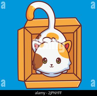 joli chat regardant au-dessus de son carton préféré. illustration d'animal de dessin animé isolé. Autocollant style plat Icon Design Premium logo Vector. Mascotte C Illustration de Vecteur