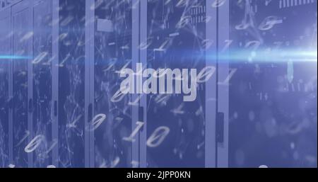 Illustration des numéros de codage binaire qui changent dans la salle technique avec des serveurs informatiques Banque D'Images