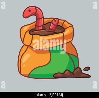 mignon ver sur le sac poubelle pour compost. illustration d'animal de bande dessinée isolé. Autocollant style plat Icon Design Premium logo Vector. Personnage de mascotte Illustration de Vecteur