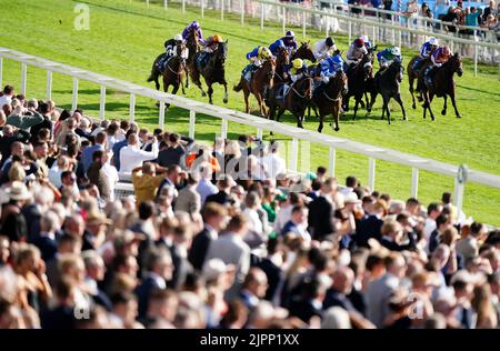 Le point Lynas, monté par Ray Dawson (avant gauche), remporte le Sky Bet Mile handicap pendant la troisième journée du festival Ebor à l'hippodrome de York. Date de la photo: Vendredi 19 août 2022. Banque D'Images