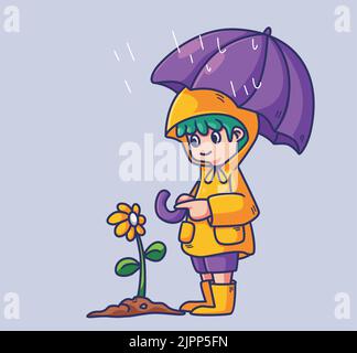 joli petit garçon portant un imperméable et un parapluie donnant sur la fleur. Illustration de personne de dessin animé isolée. Vecteur d'élément d'autocollant de style plat Illustration de Vecteur