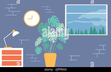 Monstera dans la chambre. Belle vue de la fenêtre. Intérieur de la chambre. Illustration de Vecteur