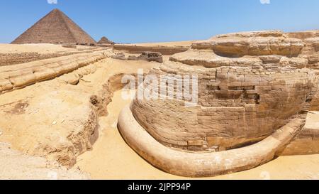 Giza, Egypte; 14 août 2022 - la queue du sphinx et la pyramide de Chepops, Gizeh, Egypte. Banque D'Images