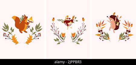 Jolie composition automnale avec des feuilles colorées, un hérisson heureux avec des poires, un écureuil mignon, un oiseau drôle, des feuilles d'automne et des champignons. Idéal pour vos cartes de vœux, poster, carte postale.Illustration vectorielle Illustration de Vecteur