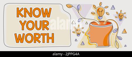 Affichage conceptuel connaissez votre valeur, concept signifiant être conscient de la valeur personnelle revenu mérité salaire avantages Homme penser nouvelles idées brillantes montré Banque D'Images