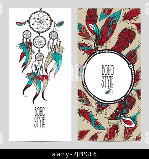 Bannière verticale style boho avec croquis dreamcatcher et plumes illustration vectorielle isolée Illustration de Vecteur