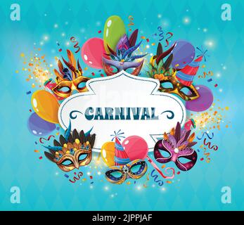 Carnival concept réaliste avec masques et ballons sur fond bleu illustration vectorielle Illustration de Vecteur