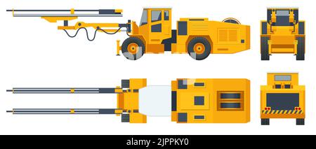 Engins de forage de tunnels, engins de forage automoteurs. Pelle hydraulique sur pneus à godet, équipement lourd utilisé dans l'exploitation minière de surface. Carrière minière, mine. Vue avant Illustration de Vecteur