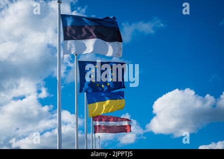 Drapeaux de l'Estonie, de l'Union européenne, de l'Ukraine et de la Lettonie agitant sous le vent. Drapeau estonien avec drapeaux européen, ukrainien et letton. Banque D'Images