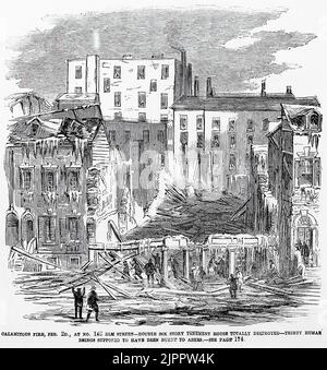 Incendie calamiteux au n° 142 rue Elm - Double maison de six étages totalement détruite - trente êtres humains censés avoir été brûlés en cendres. New York, 2 février 1860. Illustration du 19th siècle du journal illustré de Frank Leslie Banque D'Images