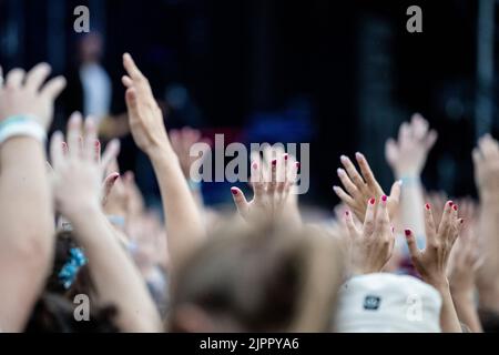 19 août 2022, Saxe, Großpösna: Les visiteurs célèbrent au début du festival Highfield. Le festival Highfield du lac Störmthal près de Leipzig a bien commencé du point de vue des organisateurs. Environ 35 000 billets ont été vendus à l'avance pour l'événement musical de trois jours. Photo: Alexander Prautzsch/dpa-Zentralbild/dpa Banque D'Images