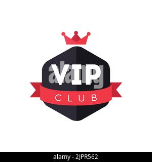 Logo du club VIP. Badge de membre exclusif. Emblème VIP du club avec couronne et ruban rouges. Carte membre Creative Modern. Carte d'accès haut de gamme pour célébrités Illustration de Vecteur