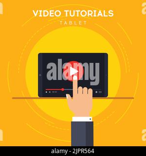Didacticiel vidéo sur tablette. Formation à distance en cliquant sur le bouton de lecture. Apprentissage en ligne à la maison. Cours numérique pour la croissance des connaissances. Vecteur Illustration de Vecteur
