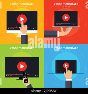 Concepts de didacticiels vidéo. Formation en ligne sur PC de bureau, PC portable, TV et tablette. L'apprentissage numérique dans un style de dessin animé. Conférence et webinaire Internet Illustration de Vecteur