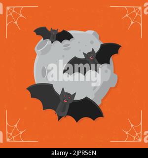 Icône chauves-souris sur lune. Groupe de chauves-souris noires d'horreur de dessin animé volant par la lune imbécile. Illustration d'Halloween isolée sur fond orange stylisé. Vecteur Illustration de Vecteur