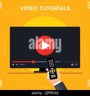 Didacticiel vidéo sur le téléviseur. Enseignement à distance sur Smart TV avec télécommande. Apprentissage en ligne à la maison. Cours numérique pour la croissance des connaissances. Vecteur Illustration de Vecteur