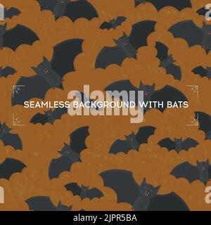 Imprimé chauve-souris. Mignonne répéter les chauves-souris sur fond orange. Motif sans couture avec batte volante. Illustration vectorielle Halloween isolée sur fond sombre stylisé Illustration de Vecteur