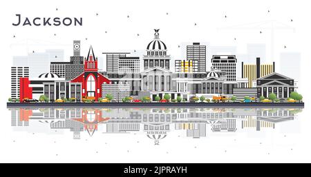 Jackson Mississippi City Skyline avec bâtiments gris et réflexions isolées sur blanc. Illustration vectorielle. Illustration de Vecteur