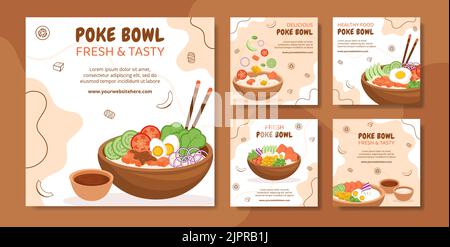 Modèle de poteau de médias sociaux de Poke Bowl Food dessin à la main dessin à plat de dessin animé Illustration de Vecteur