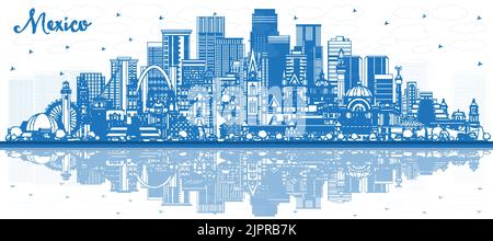 Contour Mexique pays Skyline avec Blue Buildings and Reflections. Illustration vectorielle. Concept avec architecture historique. Paysage urbain avec des monuments. Illustration de Vecteur