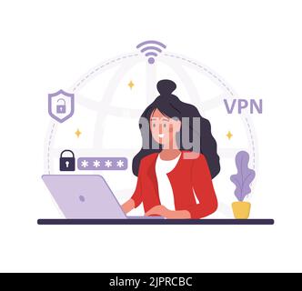 Concept de technologie VPN. Femme utilisant l'application pour protéger les données personnelles. Cyber-sécurité. Connexion au réseau privé virtuel. Logiciel moderne pour la télécommande Illustration de Vecteur