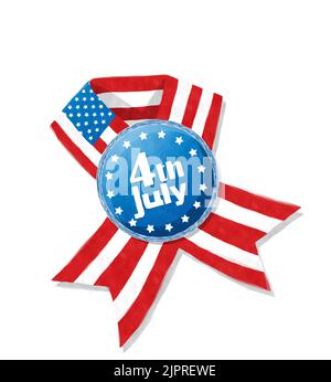 Dessin aquarelle, composition pour les fêtes du 4 juillet, badge et drapeau sur fond blanc Banque D'Images