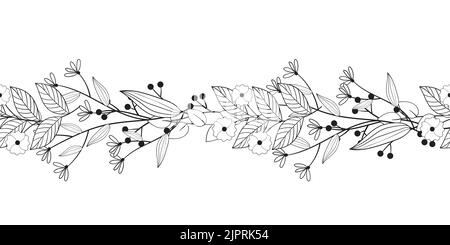 Bordure style rustique vintage sans couture avec motif fleuri. Illustration de lignes noires et blanches de fleurs. Baies, feuillage et petites fleurs Illustration de Vecteur