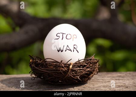 L'arrêt de la guerre est écrit sur un œuf de poulet blanc qui se trouve dans un panier de paille au soleil sur une ferme, la paix en Ukraine 2022 Banque D'Images