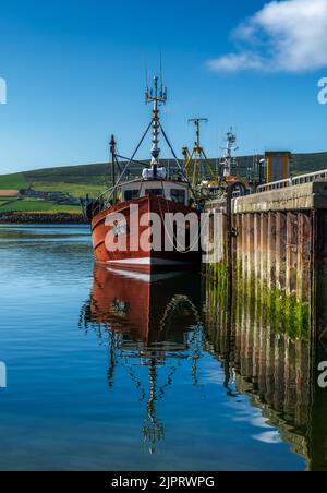 Dingle, Irlande - 7 août 2022 : bateau de pêche rouge sur les quais du port de Dingle dans le comté de Kerry avec des réflexions dans l'eau calme Banque D'Images