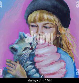 Une fille blonde tient un chaton gris dans ses bras et mange des bonbons en coton. Illustration de peinture à l'huile. Art pour impression sur affiche, carte, toile, couverture, bannière. Banque D'Images