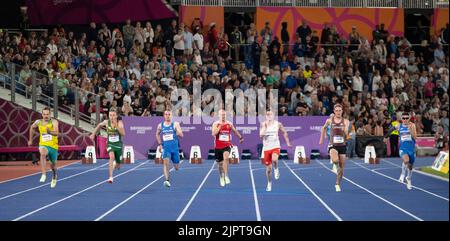 Evan O'Hanlon, Charl du toit, Alexander Thomson, Rhys Jones, Shaun Burrows, Zachary Gingras et Ross Paterson participant à la finale masculine du T37/38 100m Banque D'Images