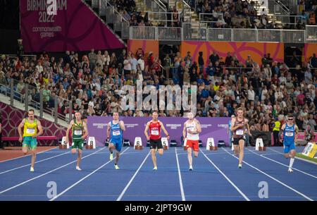 Evan O'Hanlon, Charl du toit, Alexander Thomson, Rhys Jones, Shaun Burrows, Zachary Gingras et Ross Paterson participant à la finale masculine du T37/38 100m Banque D'Images