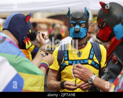 Magdebourg, Allemagne. 20th août 2022. Les participants du stand de la CDD au Vieux marché. Cette année, le CSD Christopher Street Day à Magdeburg s'est terminé par une démonstration et un festival de la ville. La devise « Queer Europe - Never Gent You Gent up » a été au centre de l'événement. Credit: Matthias Bein/dpa/Alay Live News Banque D'Images