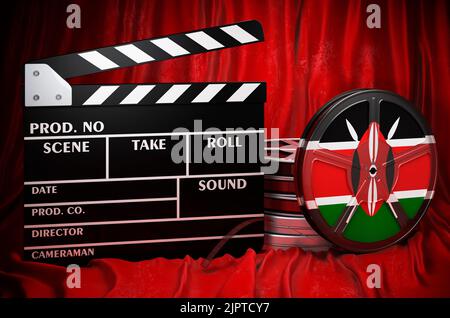 Cinéma kenyan, industrie cinématographique, cinéma au Kenya, concept. Clapperboard avec et bobines de film sur le tissu rouge, rendu 3D Banque D'Images