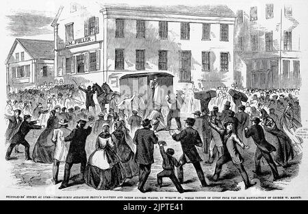 Grève des cordonniers à Lynn, Massachusetts - les émeutiers qui attaquent le wagon Floyd Danvers et Salem Express, dans Willow Street, tout en prenant des marchandises de la fabrique de chaussures de George W. Massey, 22 février 1860. Grève des cordonniers de la Nouvelle-Angleterre de 1860. Illustration du 19th siècle du journal illustré de Frank Leslie Banque D'Images