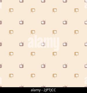 Téléviseur rétro avec antenne gravée sans couture. Téléviseur vintage de style dessiné à la main. Texture d'esquisse pour tissu, papier peint, textile, imprimé, titre, Illustration de Vecteur