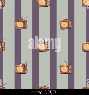 Téléviseur rétro avec antenne gravée sans couture. Téléviseur vintage de style dessiné à la main. Texture d'esquisse pour tissu, papier peint, textile, imprimé, titre, Illustration de Vecteur