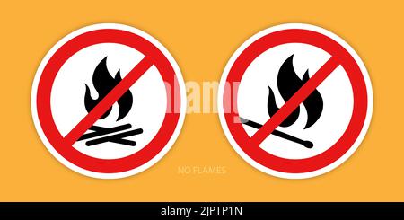 Aucun signe de flamme. Deux panneaux d'interdiction comportant un allumette brûlante et des symboles de feu de camp sont isolés sur fond orange. Illustration vectorielle. Illustration de Vecteur