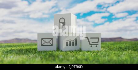 Les cubes se bloquent avec des symboles techniques sur fond d'herbe verte, ciel nuageux. Cubes avec le mail, la bourse, l'e-commerce et le symbole de cadenas sur tout. 3d rendu Banque D'Images
