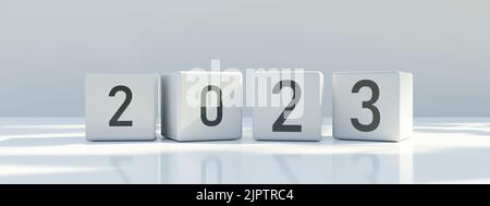 2023 Bonne Année. Bloc cube gris avec chiffre noir sur fond gris, réflexion, bannière. Événement de la Saint-Sylvestre, carte de vœux. 3d rendu Banque D'Images