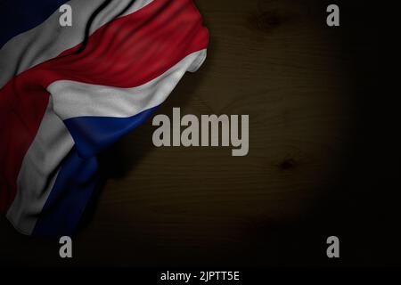 Magnifique hymne drapeau de jour 3D illustration - photo sombre du drapeau du Costa Rica avec de grands plis sur bois sombre avec espace libre pour votre texte Banque D'Images