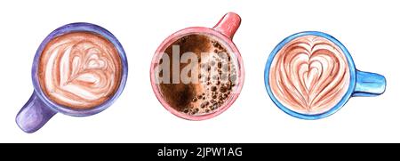 Ensemble de tasses à café multicolores peintes à l'aquarelle et isolées sur un fond blanc. Pour le design, les cartes postales, les invitations, les menus, la décoration Banque D'Images