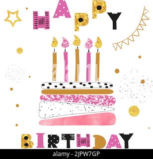 Motif carte d'anniversaire. Gâteau d'anniversaire avec bougies et lettrage joyeux anniversaire. Illustration vectorielle Illustration de Vecteur