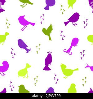 Motif sans couture avec silhouettes d'oiseaux en violet et vert. Silhouettes d'oiseaux de bande dessinée isolées sur fond blanc Illustration de Vecteur