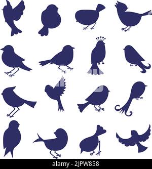 Silhouettes d'oiseaux isolées sur blanc. Ensemble d'oiseaux de dessin animé dessinés à la main. Icônes vectorielles Illustration de Vecteur